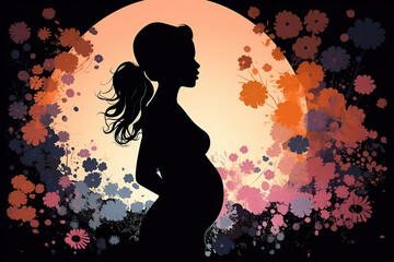 Abstract art illustration of femininity, pregnancy. Silhouette figure of a pregnant woman holding her belly with her hands, flowers. Generative AI