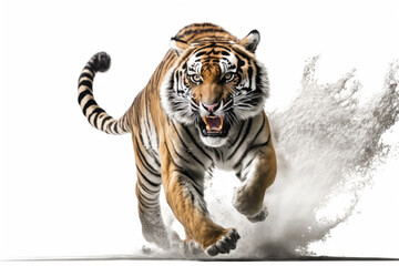 Tiger running on camera isolated on white background.. Generative AI
