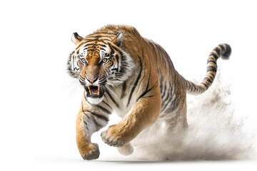 Tiger running on camera isolated on white background.. Generative AI