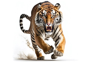 Fototapeta na wymiar Tiger running on camera isolated on white background.. Generative AI