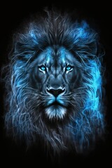 Magic frost lion with blue eyes on black background. Generative AI
