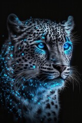Fototapeta na wymiar Magic frost leopard with blue eyes on black background. Generative AI