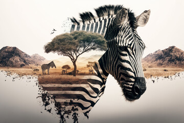 Zebra and the African savannah double exposure. Generative AI