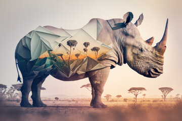 Rhino and the African savannah double exposure. Generative AI