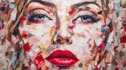 collage made of magazines and colorful paper mood. red lips