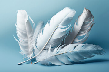 White feathers floating in the air on light blue. Generative AI