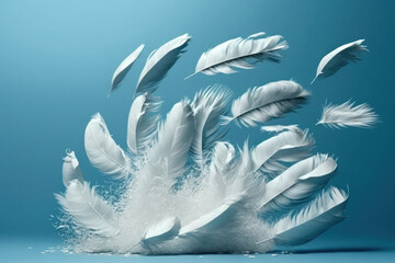 White feathers floating in the air on light blue. Generative AI