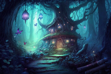 Fantasy magical light forest with trre house.. Generative AI