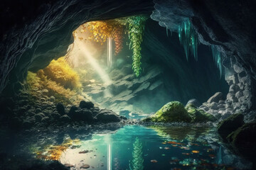 Inside a fantasy cave with water and sunrays. Generative AI