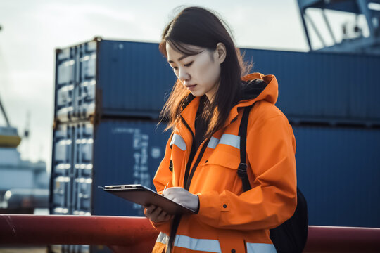 a woman in an industrial uniform holding an electronic device in front of shipping containers at a port. generative AI