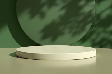 Glossy round podium on table counter with natural light and leaf shadows on the green wall.