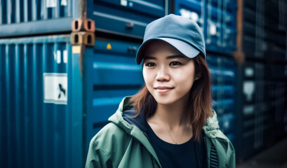 a woman in an industrial uniform holding an electronic device in front of shipping containers at a port. generative AI