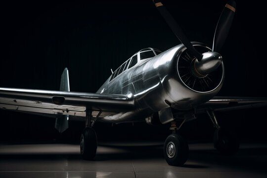 A Small Airplane With A Large Propeller On It's Side, On A Gray Background, With A Shadow Of The Plane On The Ground.  Generative Ai