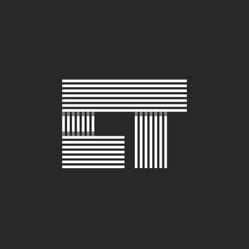 Letters Initials CT or TC logo mockup, monogram two letters T and C together, creative black and white many thin offset parallel lines identity symbol, typographic design element.