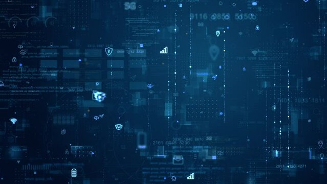 Motion graphic of Blue data matrix simulation digital grid line and ai technology icon with futuristic HUD screen on blue abstract background