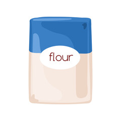 Wheat flour in paper bag. Closed pack, package with baking ingredient. Product for cooking. Flat cartoon vector illustration isolated on white background
