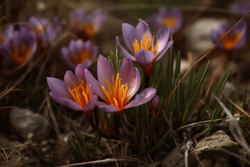 Growing saffron flowers outdoors, close-up. Generative AI