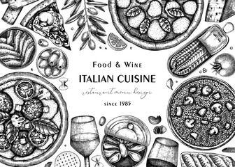Italian cuisine vintage background. Hand drawn pizza, pasta and risotto frame in sketch style. Mediterranean food menu design template. Food ingredient  black outlines