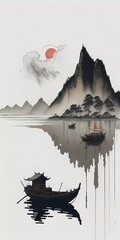 Muted Chinese Ink Painting of a Mountain Landscape