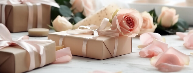 Pink roses, and gift boxes wrapped in kraft papper with ribbons , Front view, banner, generative ai tools 