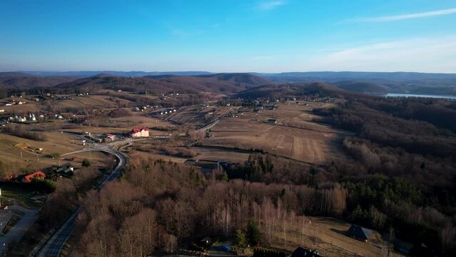 Aerial View Of Fields And Lake Solina From Polanczyk Village In Lesko County, Subcarpathian Voivodeship, Poland. - panning