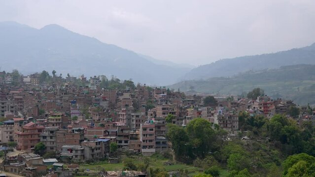 A panning view of the small town of Bungamati nestled in the Himalaya Foothills of Nepal.