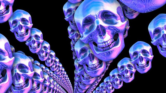 Retro Futuristic seamless animation of metal skulls. Synthwave background in purple,pink and blue pattern swirl a psychedelic look