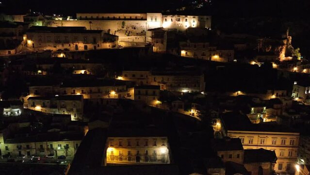 Aerial view of Modica Alta Val di Noto Sicily Old Baroque Town South Italy at Night