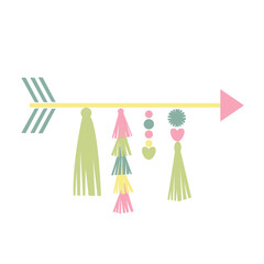 Colorful party arrow decoration. Tassels pompoms hanging.  Vector illustration