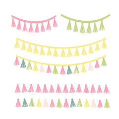 Colorful party decoration set. Tassels wreath border collection.  Vector illustration
