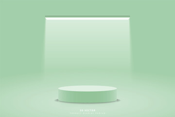 3d background with green cylinder podium pedestal realistic and glowing neon lighting rectangle shape tube. Minimal wall scene for mockup. stage for showcase. 3d vector render geometric form.