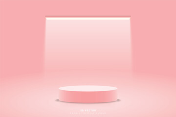 3d background with pink cylinder podium pedestal realistic and glowing neon lighting rectangle shape tube. Minimal wall scene for mockup. stage for showcase. 3d vector render geometric form.