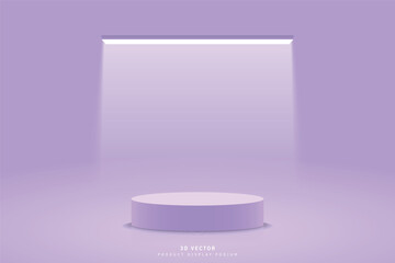 3d background with purple cylinder podium pedestal realistic and glowing neon lighting rectangle shape tube. Minimal wall scene for mockup. stage for showcase. 3d vector render geometric form.