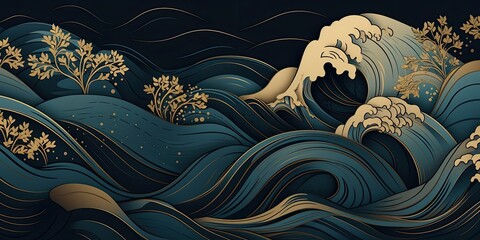 Luxury Blue and Gold Japanese Wave Illustration - Hand Drawn AI generated - obrazy, fototapety, plakaty