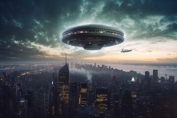 Naklejka na ściany i meble Computer generated 3d render of UFO over the city with tall skyscrapers. Generative AI