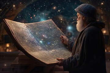 A astronomer gazing up at the night sky filled with stars, holding an antique cosmology chart or sand tray in hand. The movement of celestial bodies shapes destiny and seasons the soul. Generative AI