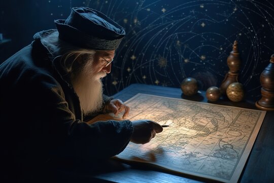 A astronomer gazing up at the night sky filled with stars, holding an antique cosmology chart or sand tray in hand. The movement of celestial bodies shapes destiny and seasons the soul. Generative AI