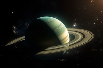 Fototapeta na wymiar Green exoplanet with rings gas giant Saturn planet 3D illustration (Elements of this image furnished by NASA). Generative AI