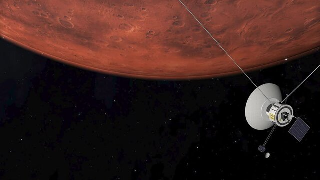 Space probe flying to Mars. Space exploration. 