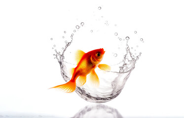 Goldfish splashing into water, isolated on white background. Concept of pet or freedom. Shallow field of view. Illustrative Generative AI.