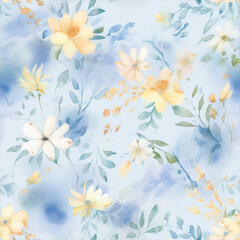 Fototapeta na wymiar Seamless watercolor floral patterns, with flowers and foliage. Japanese abstract style. Use for wallpapers, backgrounds, packaging design, or web design.