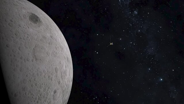 Space probe flying to the Moon. Space exploration. 