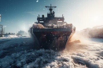 icebreaker ship breaking through the ice of a frozen sea, generative ai - obrazy, fototapety, plakaty