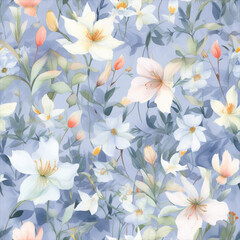 Seamless watercolor floral patterns, with flowers and foliage. Japanese abstract style. Use for wallpapers, backgrounds, packaging design, or web design.