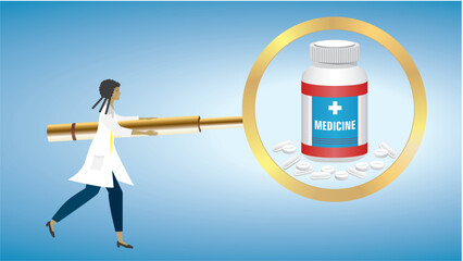 Woman, doctor, pharmacist with on big magnifying glass , focus, looking at medication. Prescription, medication, reciep. Dimension 16:9. You can find other medicine illustration in same banner design.