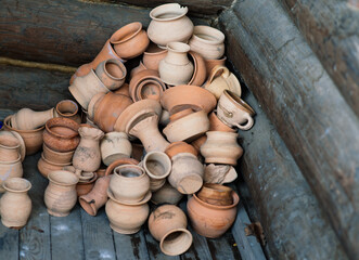 Ceramic clay terracotta jug, pot, vase, kitchen souvenirs in a handmade ceramics street store.