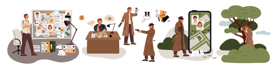 Cartoon private detective character. Man raincoat is investigating. Inspector searching evidences. Collects information. Investigator spying and finding suspects. Garish vector set