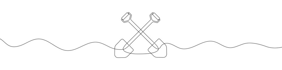 Shovel icon in continuous line drawing style. Line art of crossed shovels icon. Vector illustration. Abstract background