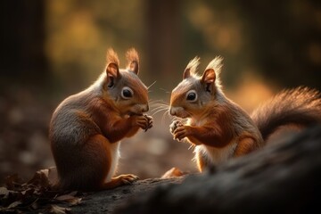Two Squirrels Eating a Nut in the Forest