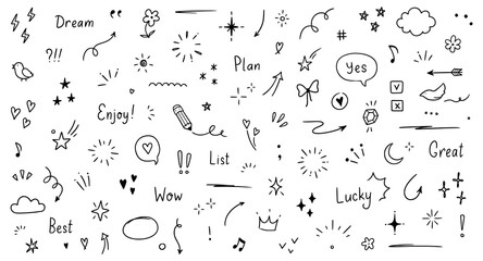 Doodle cute glitter pen line elements. Doodle heart, arrow, star, sparkle decoration symbol set icon. Simple sketch line style emphasis, attention, pattern elements. Vector illustration. - obrazy, fototapety, plakaty